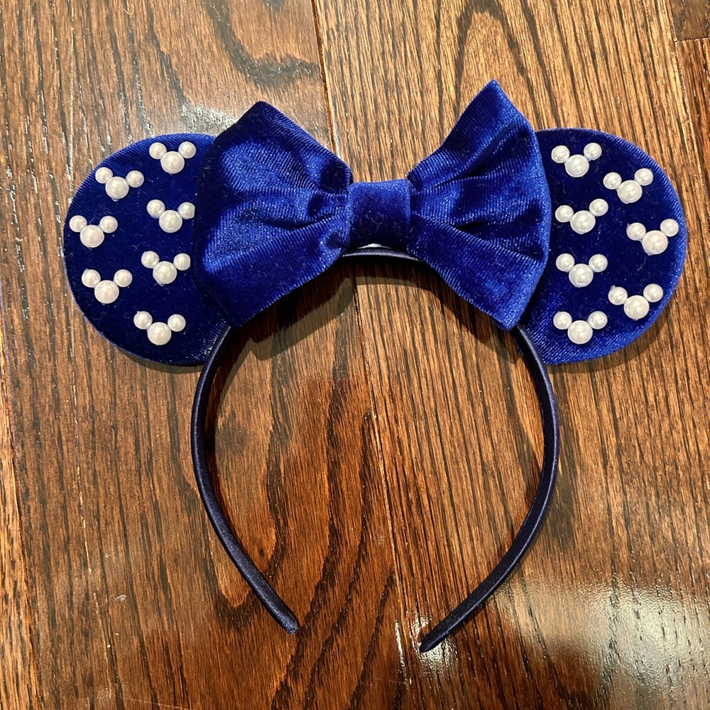 Royal Blue Pearl-Studded Velvet Mouse Ear Headband with Pearls